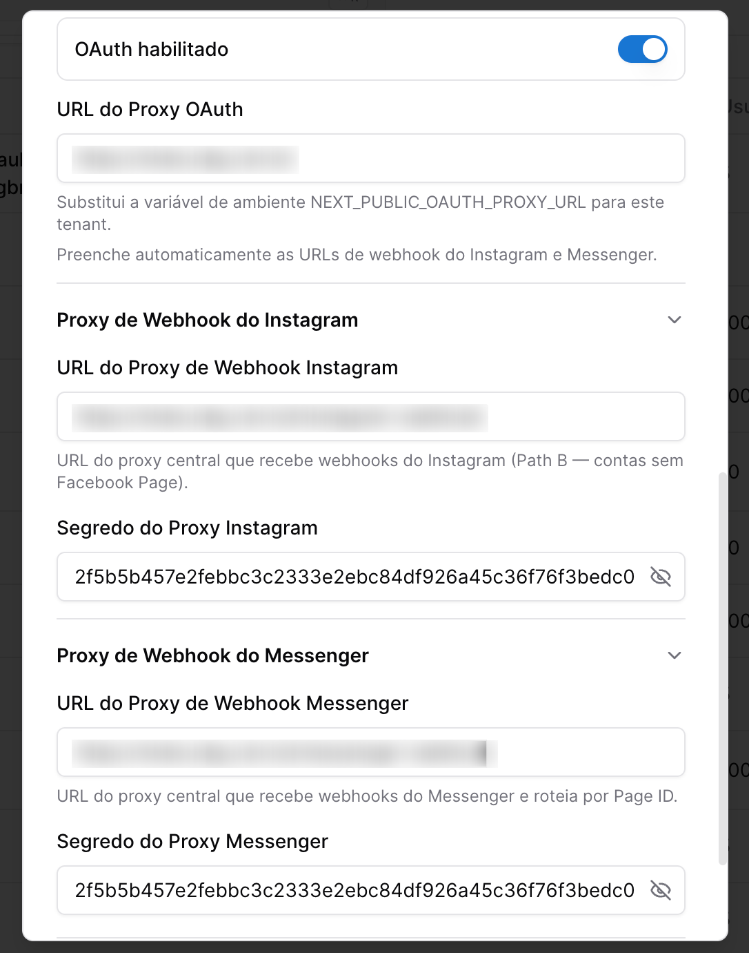 GestorWhats - tela de configuração do Tenant - oauth instagram e facebook messenger