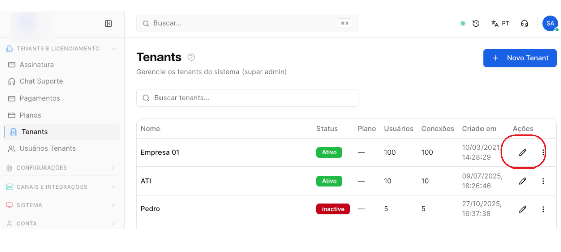 GestorWhats - tela de gestão de Tenants - como editar tenant