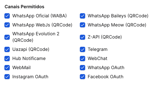 GestorWhats - tela de configuração do Tenant - canais liberados